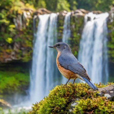 A bird perched on a rock by a waterfall clipart