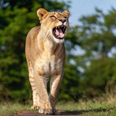 A full shot photo of a lioness in mid-roar, deep focus on its open mouth and intense facial expression, low-angle shot capturing the full body and the dynamic energy of its powerful stance clipart