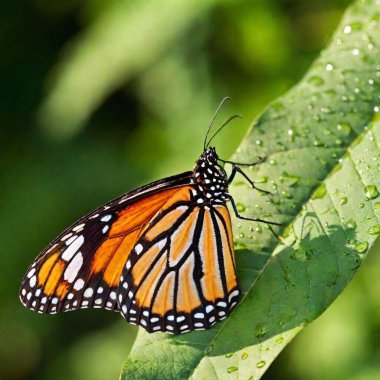 A close-up photo of a butterfly with dew drops on its wings in the early morning light, deep focus emphasizing the tiny water droplets and the texture of its wing scales, eye-level shot creating an intimate portrait of the butterfly's fragile beauty clipart