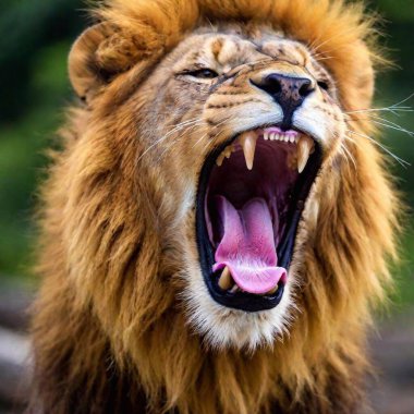 A close-up photo portrait of a lion roaring, deep focus on the details of its open mouth, teeth, and tongue, eye-level shot showing the dynamic expression of its strength and power clipart