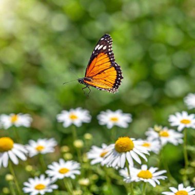 Bir kelebeğin tam kare fotoğrafı papatya demetinin üzerinde süzülürken, yumuşak odak arkaplanı renkli bir bokeh ile harmanlarken, yüksek açılı çekim uçuşta kelebeğin tüm vücudunu yakalar, kanatları zarif bir hareketle açılır.