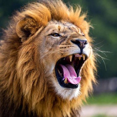 A close-up photo portrait of a lion roaring, deep focus on the details of its open mouth, teeth, and tongue, eye-level shot showing the dynamic expression of its strength and power clipart