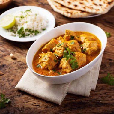 a full shot of a hearty chicken curry served with rice. Capture the whole dish, including the chicken pieces submerged in rich curry sauce, accompanied by a side of fluffy rice and naan bread clipart