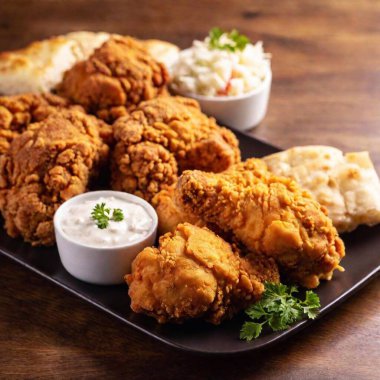 a full shot of a classic fried chicken meal, including multiple pieces of crispy chicken arranged on a platter. Include sides such as coleslaw, mashed potatoes, and a serving of biscuits or cornbread clipart