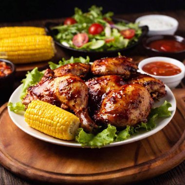 a full shot of a barbecue chicken feast. Show several pieces of grilled chicken coated in barbecue sauce, along with sides like corn on the cob, baked beans, and a fresh green salad clipart