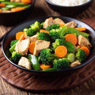 a full shot of a chicken stir-fry served in a large bowl or wok. Capture the vibrant colors of the mixed vegetables, chicken pieces, and the glossy sauce, with a side of steamed rice or noodles clipart