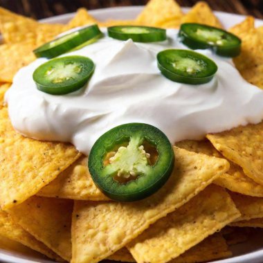 mexican nachos with jalapeno, jalapeno cheese, jalapeno and sour cream on white plate clipart