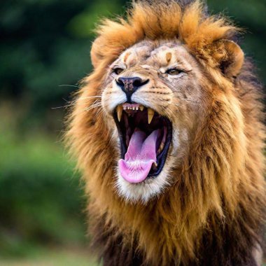 A close-up photo portrait of a lion roaring, deep focus on the details of its open mouth, teeth, and tongue, eye-level shot showing the dynamic expression of its strength and power clipart