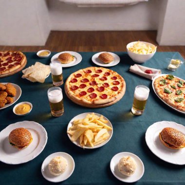 an extreme long shot of a party scene with a large table covered in a spread of junk food like pizza, wings, sliders, and various desserts. Show the full party setup including decorations and guests enjoying the food clipart