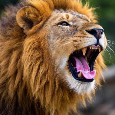 A close-up photo portrait of a lion roaring, deep focus on the details of its open mouth, teeth, and tongue, eye-level shot showing the dynamic expression of its strength and power clipart