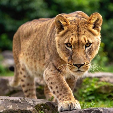 A full shot photo of a lioness crouched and ready to pounce, deep focus on its tense muscles and predatory gaze, low-angle shot that accentuates its readiness to spring forward and its raw power clipart