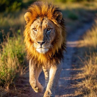 A macro photo of a lion crossing a sunlit savanna, deep focus on its silhouette against the bright background, high-angle shot capturing its full body, emphasizing its majestic stride and commanding presence clipart