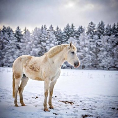 beautiful white horse in the snow