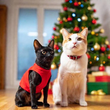 A full shot photo of a dog and cat in a festive setting, such as a holiday scene, shallow focus, low angle shot capturing their full bodies amidst decorations, showcasing their festive spirit clipart