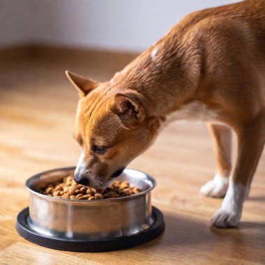 A macro photo with focus pull, high angle shot of a dog and cat eating from the same bowl, capturing their full bodies and the food, with the focus shifting from the bowl to their detailed fur and faces clipart