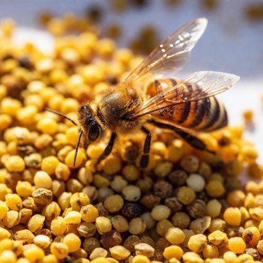 detailed extreme macro of a bee pollen baskets filled with bright yellow pollen, with the legs in sharp focus and the rest of the bee's body and the background hive gently fading out clipart