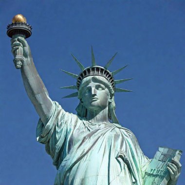 A high-resolution ultrarealistic image of the iconic Statue of Liberty in New York Harbor, captured in stunning detail. The digital photograph showcases the statue's oxidized copper surface, resulting in its distinct green patina. Lady Liberty holds clipart