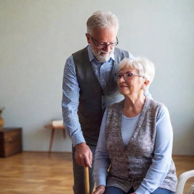 A high-resolution ultrarealistic image showcasing an elderly man and a female caregiver in a bright, well-lit room. The elderly man, with glasses and a white beard, leans on a wooden cane, looking thoughtfully sideways. He wears a light blue shirt clipart