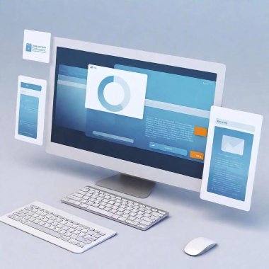 A high-resolution digital artwork depicting several web page designs floating in front of a sleek, modern computer monitor. Each web page design showcases a different layout and color scheme, highlighting elements like mobile devices, login buttons clipart