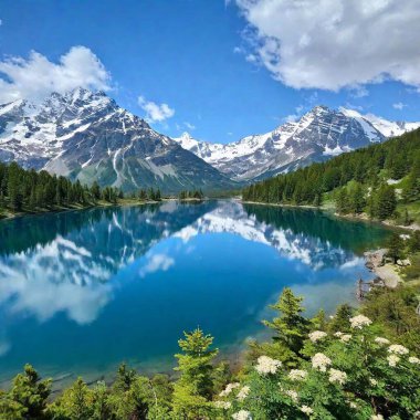 A high-resolution ultrarealistic photo depicts a breathtaking landscape featuring a vibrant, green valley with pristine lakes at its center. Framing the foreground are lush green vegetation and delicate white and blue flowers, enhancing the natural clipart