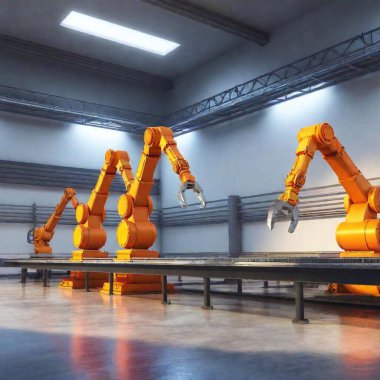 A high-resolution ultrarealistic image of a sophisticated industrial setting. The digital art captures three large, orange robotic arms equipped with advanced machinery, working in unison on a factory floor. The robots, with their sleek metallic clipart