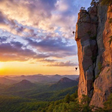 A high-resolution photograph featuring two silhouetted rock climbers scaling an imposing cliff against a stunning sunset backdrop. The climbers are mid-action; the second climber is being assisted by the first, showcasing a moment of teamwork and clipart