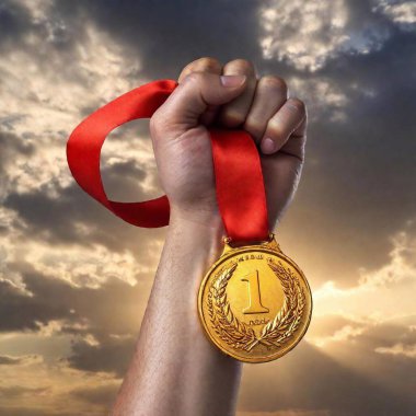 A high-resolution ultrarealistic image captures a muddy, muscular hand clenching a gold medal with a bright red ribbon, raised triumphantly against a dramatic cloudy sky. The detailed texture of the dirt on the skin contrasts with the glinting medal clipart