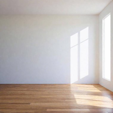 A high-resolution ultrarealistic image captures an empty, minimalistic room. The art style is digital photography focusing on the pristine simplicity and Zen-like aesthetics. The room features a pristine off-white wall and light wooden laminate clipart