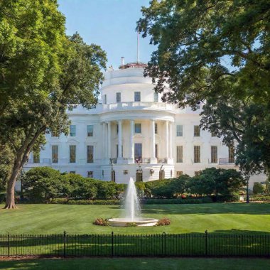 A high-resolution ultrarealistic image of a landmark building, specifically The White House, captured in a photograph. The architectural centerpiece is its iconic neoclassical facade with white columns and a central balcony. A pristine fountain clipart