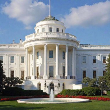 A high-resolution ultrarealistic image of a landmark building, specifically The White House, captured in a photograph. The architectural centerpiece is its iconic neoclassical facade with white columns and a central balcony. A pristine fountain clipart