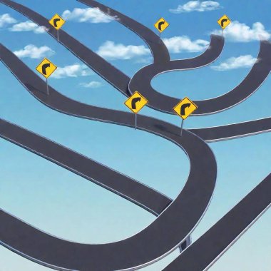 A high-resolution digital artwork depicts a chaotic array of intertwining roads under a bright blue sky with fluffy clouds. Dominating the foreground are four large, yellow traffic signs with various symbols including a question mark, a sharp turn clipart