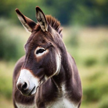 A high-resolution ultrarealistic image of a donkey, captured in photographic detail. This photograph showcases a full-body side profile of a donkey with a rich, dark brown coat that lightens towards its underbelly. The donkey's serene expression is clipart