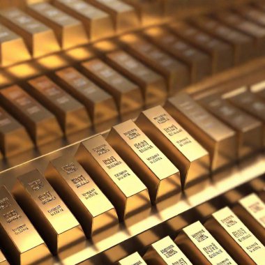 A high-resolution ultrarealistic image of dozens of pristine gold bars, meticulously stacked in an orderly fashion. The digital artwork showcases each bar prominently engraved with 