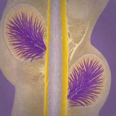 A high-resolution digital artwork depicting a detailed anatomical diagram. The central focus is the cross-section of the spinal cord, illustrated in a pale yellow and beige color palette. Prominent are the bright yellow nerve fibers branching out clipart