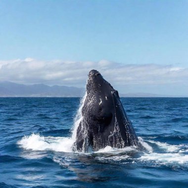 A medium shot low angle photo of a humpback whale emerging from the depths, with soft focus on the ridged texture of its back and the contrast against the deep blue ocean. clipart