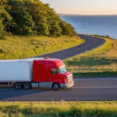 A high-resolution photo captures a red semi-truck with a white trailer driving on a coastal road during sunset. The truck is prominently detailed, reflecting the soft hues of the setting sun. The road is smooth with clear lane markings, accompanied clipart