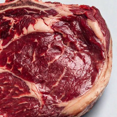 A high-resolution ultrarealistic image of a raw, marbled ribeye steak on a white background. The digital photograph captures the intricate details of the meat's texture, with bright red muscle fibers interspersed with creamy white fat. The lighting clipart