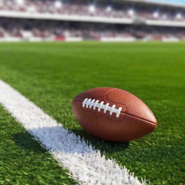 A high-resolution ultrarealistic image of a football field taken with a high-quality camera. The central subject is an American football lying on green turf. The football, characterized by its brown leather, white laces, and white stripes, rests clipart