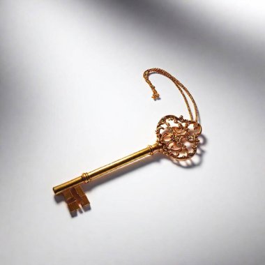 A high-resolution ultrarealistic photo showcasing an intricately designed golden key lying on a white surface. The key is highly polished, with ornate filigree detailing on the bow. Attached to the key by a braided golden loop is a wooden tag clipart