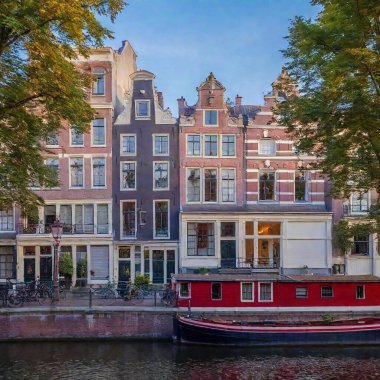 A high-resolution ultrarealistic image of a picturesque canal in Amsterdam, captured at dusk. The scene showcases a row of historic, narrow Dutch townhouses with ornate gables and a blend of red, black, and white facades. These iconic buildings clipart