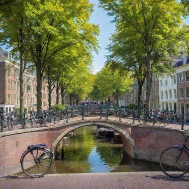 A high-resolution ultrarealistic image of a picturesque Amsterdam scene showcasing a serene canal with an arched brick bridge in the foreground. The scene is framed by lush green foliage, which delicately hangs above. The bridge is adorned with clipart