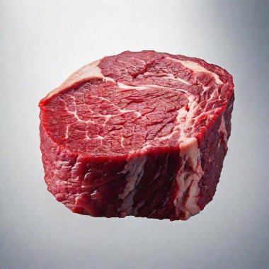 A high-resolution ultrarealistic image of a substantial raw beef cut placed on a reflective surface. The meat, featuring a detailed texture of marbled red muscle and white fat, displays a fresh and juicy appearance. The photograph is illuminated clipart