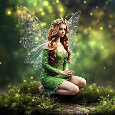 A high-resolution digital artwork depicting a fairy kneeling in an enchanting forest. The fairy has translucent, intricate wings and wears a green leaf-themed outfit, adorned with delicate floral elements. Her long, flowing hair is crowned with a clipart