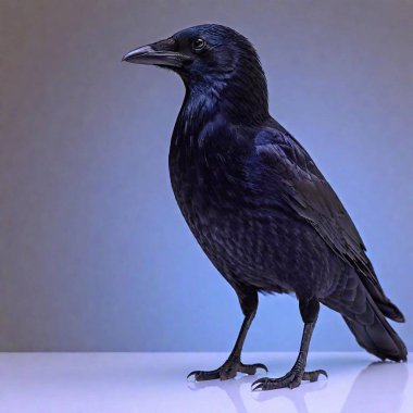 A high-resolution ultrarealistic image of a crow standing still, rendered with impeccable photographic detail. The crow's glossy black feathers exhibit subtle variations of iridescent blue and purple hues, reflecting soft ambient lighting. Its sharp clipart