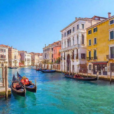 A high-resolution ultrarealistic image of a vibrant Venetian canal captured in digital photography. The centerpiece features traditional gondolas gracefully gliding on the pristine water under a clear blue sky. Ornate, colorful buildings line both clipart