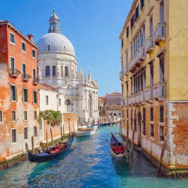 A high-resolution ultrarealistic image of a vibrant Venetian canal captured in digital photography. The centerpiece features traditional gondolas gracefully gliding on the pristine water under a clear blue sky. Ornate, colorful buildings line both clipart