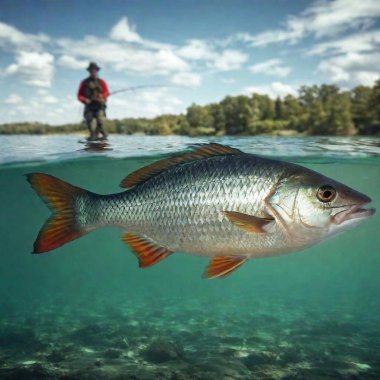 A high-resolution ultrarealistic image captures an exciting moment in nature. This photo features a large fish underwater, caught on a fishing line, and a fisherman on the surface, blurred in the background, actively reeling in his catch. The water clipart