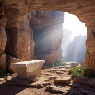 A high-resolution ultrarealistic image depicts a biblical resurrection scene. The image is a stunning digital artwork showcasing the empty tomb of Jesus Christ. Inside the dimly lit cave, sunlight spills through the tomb entrance, casting dramatic clipart