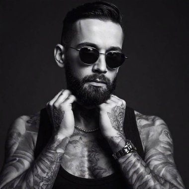 A high-resolution black-and-white photograph, close-up and ultrarealistic, capturing a heavily tattooed man with a beard and sunglasses. He is wearing a dark t-shirt with intricate designs, holding his neck with a hand covered in tattoos and rings clipart