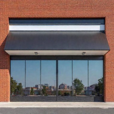 A high-resolution ultrarealistic photo of a modern, vacant strip mall featuring three distinctive building facades. The first facade is red brick with white-trimmed windows and black awnings over glass frontages. The central section showcases a clipart